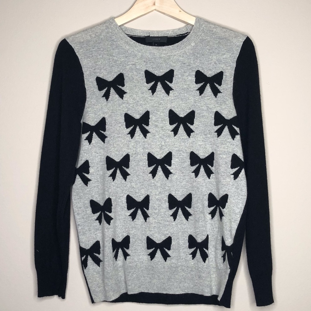 J Crew Gray Bow Wool Crew Neck Long Sleeve Sweater